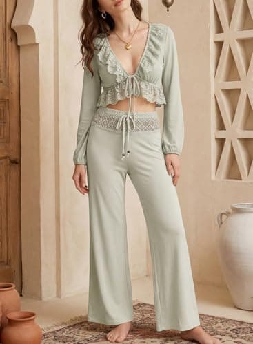 EVALESS Womens Wide Leg Pants Lace Gaucho Flare Pants Elastic High Waisted Palazzo Pants Cute Bell Bottoms Boho Holiday Trousers 2026 Fashion Spring Summer Concert Y2K Pants Light Green Medium - Thumbnail 4