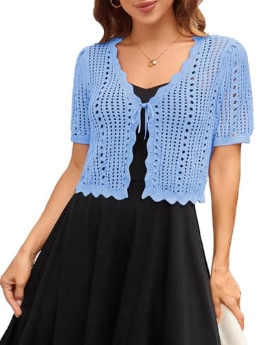 Kate Kasin Light Weight Cropped Cardigan Women Crochet Bolero Shrug Sweater Short Sleeve Shrug for Dress Blue S - Image 1