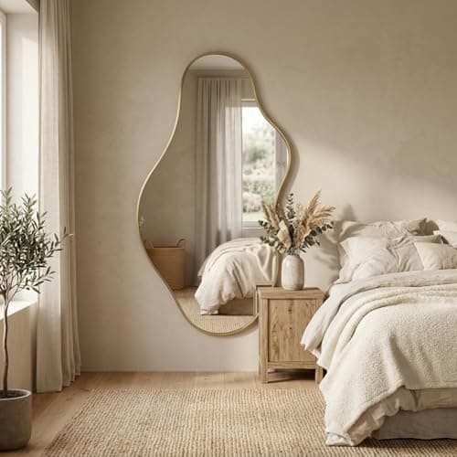 potijo Irregular Asymmetrical Wall Mirror 26x48 Inches - Decorative Tempered Glass with Modern Aluminum Alloy Frame, Gold Abstract Cloud Mirror for Bathroom, Bedroom, Living Room, Entryway, Cloakroom