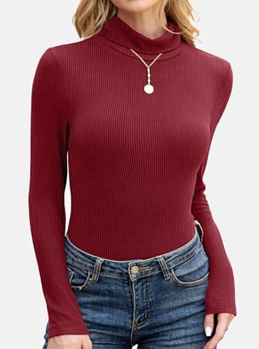 GKBK Women's Turtleneck Sweaters Fitted Long Sleeve Ribbed Shirts Lightweight Thermal Underwear Warm Layering Tops Fall Outfits 2025 Trendy Wine Red - Thumbnail 2