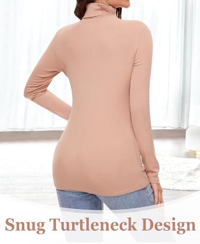 Ganado Long Sleeve Shirts for Women Turtleneck Thermal Shirt Layering Basic Tops Fitted Plain Undershirts (Khaki, Medium) - Thumbnail 2