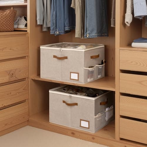 StorageWorks Shoe Organizer for Closet, 2 Pack Shoe Storage Boxes with Clear Lid, Stackable Shoe Storage Organizer for Sandals and Slippers, Fabric Shoe Bins for Closet, Holds 16–32 Pairs, Taupe - Thumbnail 6