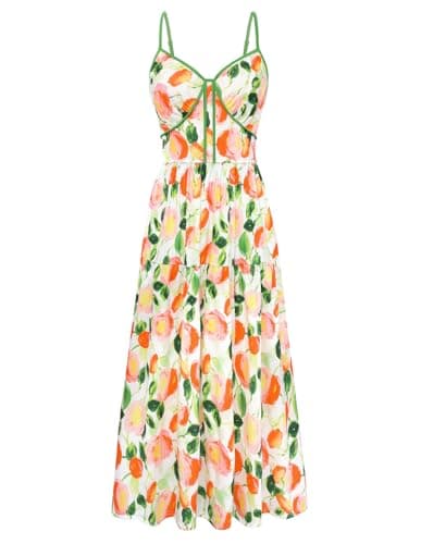 GRACE KARIN 2026 Women's Spaghetti Vacation Sundress Summer Beach Flowy Boho Floral Maxi Dresses with Pockets White Blue Floral M - Image 1