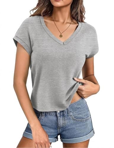 Totatuit Women Basic V Neck Cropped Tshirts Cap Short Sleeve Loose Fitting Tee Y2k Waist Length Boxy Going Out Tops Plain Casual Business Tee Shirts Grey X-Large - Image 1