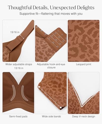 Popilush Push Up Bras for Women - Seamless No Underwire Plunge Deep V Bralette with Adjustable Straps Everyday Comfortable T-Shirt Bra Leopard Brown - Thumbnail 3