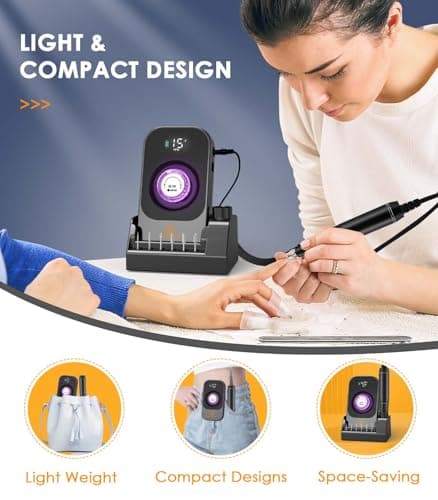 Portable Nail Drill Electric File: 40000RPM Professional Nail E-File for Acrylic Nails Remove Nail Gel Polish Manicure, Rechargeable Cordless Nail Drill Machine with Bits & Base for Salon Home, Black - Thumbnail 5