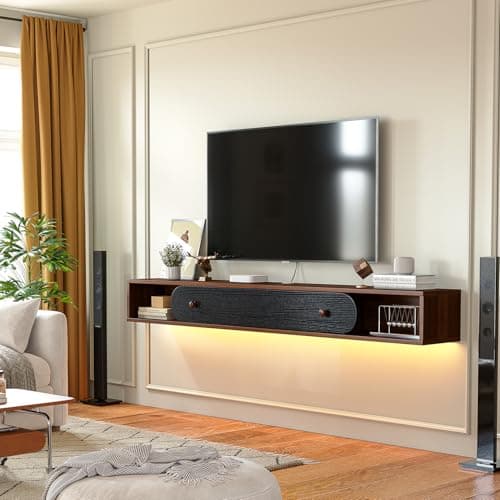 Furninova Floating TV Stand,Wall Mounted Entertainment Center for 65 Inch TV,Plywood Floating Media Console with 1 Flip Down Door & Cable Management,Modern Space Saving TV Shelf,55 Inch,Walnut & Black - Thumbnail 3