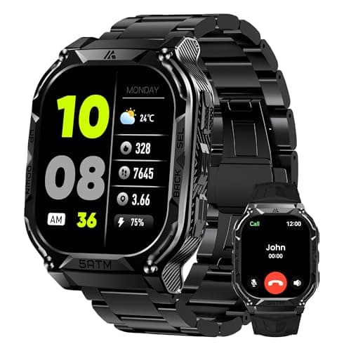AMAZTIM GPS Smart Watches for Men, 1.96" AMOLED Large Screen, Rugged Stainless Steel Body, 50M Waterproof, Answer/Make Call, Heart Rate Monitor/Sleep Tracking, Android & iOS Compatible, Black, M3E - Image 1