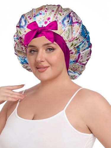 Vettres Pleated Silk Sleeping Bonnet with Eye Mask Double Layer Satin Hair Bonnets Sleep Cap for Curly Natural Hair Blue Purple Floral - Thumbnail 3