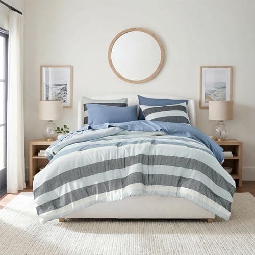 Regency Heights King Size Modern Striped Comforter Set, Lightiweight Soft Microfiber Bedding Sets for All Season 7 Pieces Bed in A Bag Set with Comforter, Sheets, Pillowcases & Shams, Navy Blue - Image 1