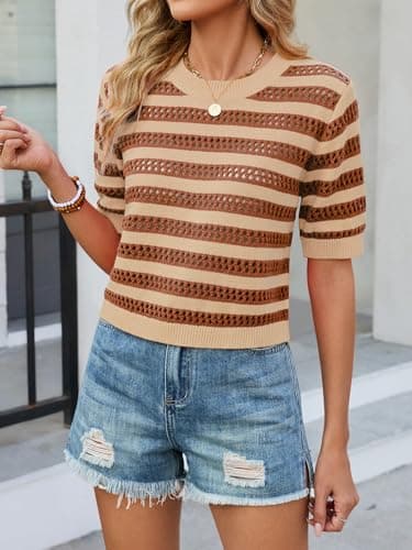 Bellcoco Crochet Tops for Women Spring Summer Short Sleeve Crop Pullover Sweater Top Vacation Outfits Beach Cover Ups Cute Hollow Out Short Sleeve Clothes 2026 Light French Beige XX-Large - Thumbnail 3