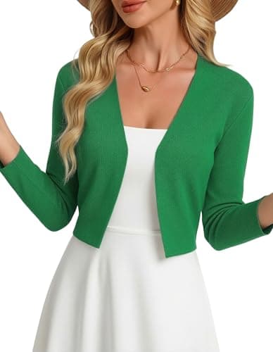 GRACE KARIN 3/4 Sleeve Cropped Shrugs for Women Lightweight Knit Cardigan Sweater Open Front Dressy Casual Sweater Blazer Green - Image 1