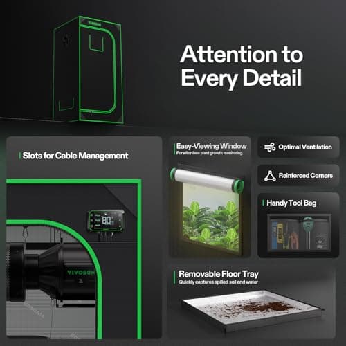 VIVOSUN S224 2x2 Grow Tent, 24"x24"x48" High Reflective Mylar with Observation Window and Floor Tray for Hydroponics Indoor Plant for VS1000 - Thumbnail 6