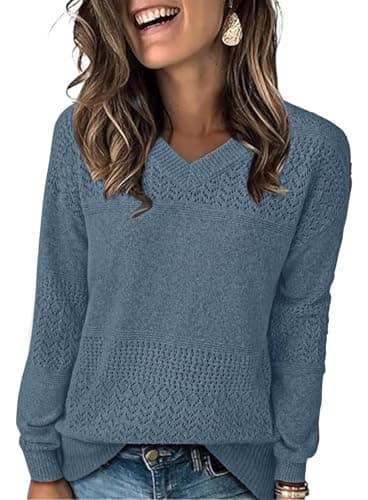 NORACORA Women's V Neck Fall Sweaters Crochet Soft Lightweight Ribbed Knit Loose Pullover Sweater Long Sleeve Tops 2025 Trendy Outfits Grey Blue - Thumbnail 2
