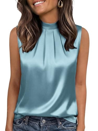 Funlingo Womens Silk Satin Tank Tops 2026 Casual Basic Camisoles Summer Trendy Blouses Sleeveless Elegant Business Work Shirts Turquoise XL - Image 1