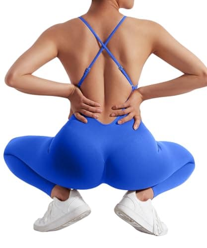 MOOSLOVER Women Strappy Backless One Piece Jumpsuits Tummy Control Padded Workout Rompers(L,#1 Cobalt Blue) - Thumbnail 5