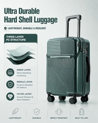 Aivens 20 Inch Carryon Suitcase with Wheels & Cup Holder, Lightweight Hardshell Travel Luggage with TSA Lock, Portable Carry On Luggage for Short Trips (Green) - Thumbnail 3