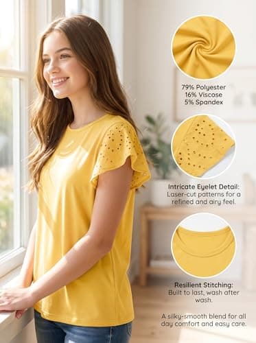 Girls Ruffle Sleeve Shirts Butterfly Sleeve Blouse Summer Eyelet Cute T-Shirt Crewneck Tee Tops for Girls 4-15 Yellow - Thumbnail 6