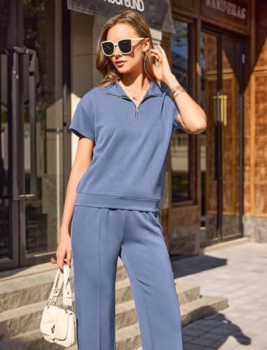 difficort Women's 2 Piece Matching Lounge Sets Summer Lapel Half Zip Sweatshirts Wide Leg Pants Casual Sweat Suit, Haze Blue, Small - Thumbnail 2