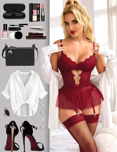 Tidouk Sexy Lingerie Sets for Women Lace Bodysuit Garter Lingerie set Babydoll Mini Skirt with Stockings（Wine Red,Small - Thumbnail 5