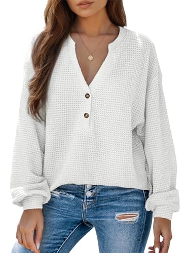 Dokotoo Women's Tops Long Lantern Sleeve Henley Shirts 2026 V Neck Loose Casual Button Up Blouse Lightweight Waffle Knit Shirts Pullover Basic White Tee Business Outfits Large - Image 1