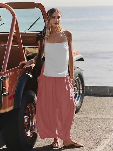 COCOMARTS Womens Linen Wide Leg Palazzo Pants Casual Loose Elastic Drawstring Flowy Pant 2025 Fall Travel Baggy Harem Pants with Pocket Dusty Rose XX-Large - Thumbnail 5