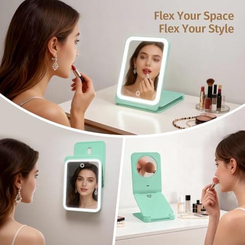INFOOD Travel Makeup Mirror - Rechargeable LED Vanity Mirror 7.8x5 Inches with 1X/3X Magnifying, 3 Color Dimmable Light, Touch Screen, Foldable Design with Stand, Portable for Travel, Mint Green - Thumbnail 6