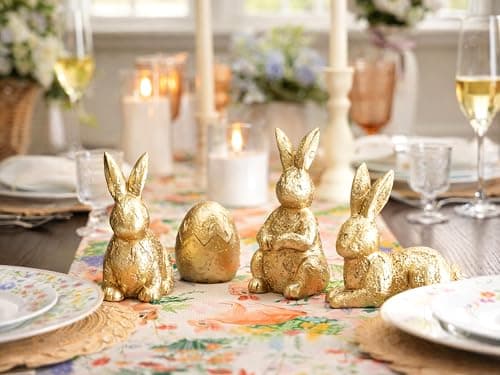 Gleemoria Easter Bunny Decorations for Home – 4 Pieces Resin Gold Bunny & Egg Figurines Set, Gold Decor for Tabletop Display & Home Decorations, Vintage Easter Rabbit Statue - Thumbnail 4