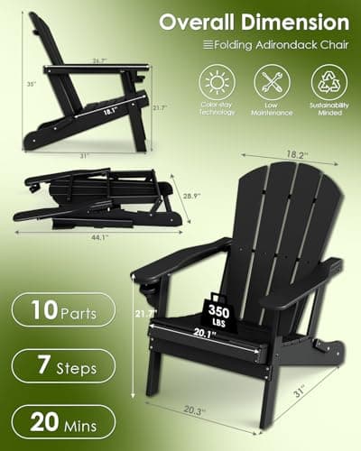 GREENVINES Folding-Adirondack-Chairs-Set-of-2 | w/Cup Holder | HDPE Plastic | All-Weather Patio Fire Pit Chairs | for Outdoor Poolside Deck | Black - Thumbnail 3