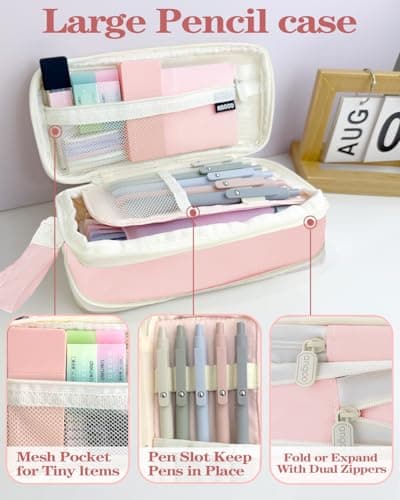 54Pcs Aesthetic School Supplies Set with Large Pastel Pencil Case 12 Dual Tip Highlighters, 6 Gel Pens, 5 Black Pens, 5 Mechanical Pencils (0.5-2.0mm) for Students Stationary College Essentials Gifts - Thumbnail 3