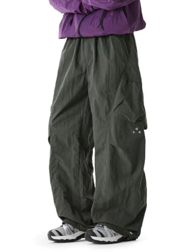 Areant Mens Baggy Hiking Cargo Pants Parachute Water Resistant Lightweight Wide Leg Pants Outdoor Climbing Trousers Gray Green X-Large