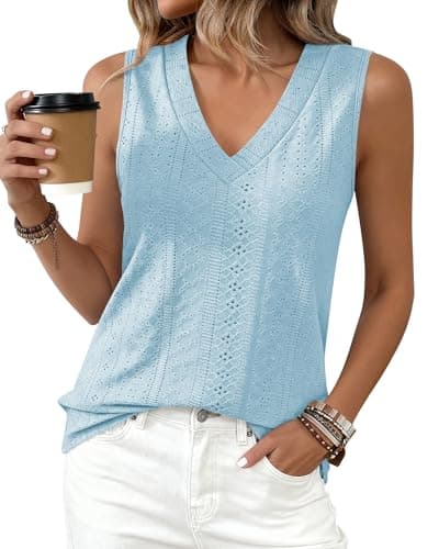 BTFBM Womens Tank Tops 2026 Summer Eyelet Crossed V Neck Sleeveless Casual Loose Flit Basic Spring Top Vacation Outfits(Light Blue, X-Large) - Thumbnail 2