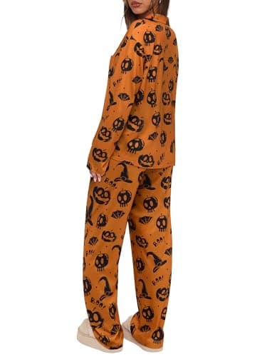 REORIA Funny Halloween Pajamas Women Button Up 2 Piece Pajama Set Sleepwear Orange Pumpkin Large - Thumbnail 4