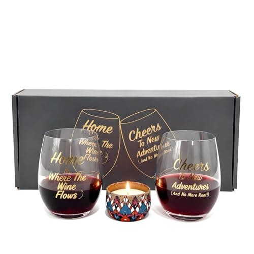 HJOCMLE New Home Wine Glasses Set of 2 with Candle - Cheers To New Adventures & Home is Where The Wine Flows Stemless Red Wine Glass Gift Set for Homeowners, Housewarming Gift with Box - Image 1