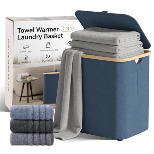 Towel Warmer & Laundry Basket 2-IN-1, Foldable Towel Warmer for Bathroom with Removable Heating Bag, 20/40/60Mins Fast Heating, Auto Shut-Off, Portbale Towel Warmer Fits 3 Large Towels Blankets - Blue - Thumbnail 2