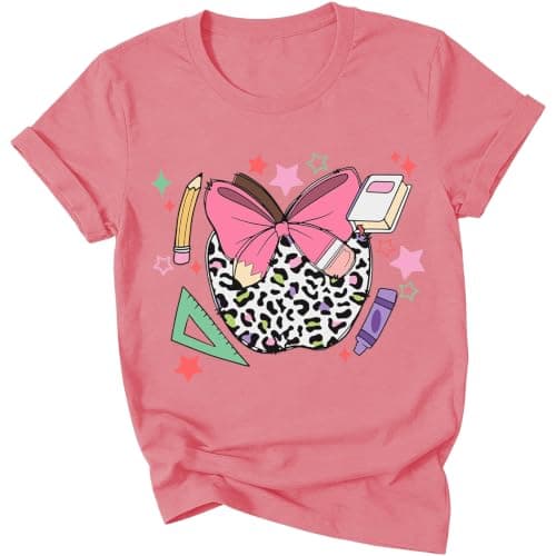 Cute Bow Apple Teacher T-Shirt for Women Back to School Tee A-Pink - Image 1