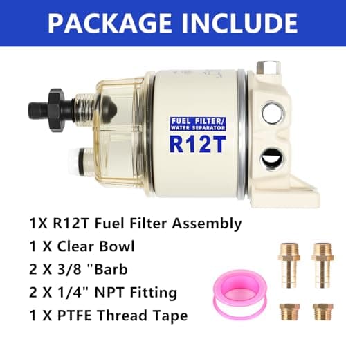 AUIVERED R12T Marine Fuel Water Separator Kit, 10 Micron Filter, Replace S3240 120AT, Fit 1/4 Inch NPT Outboard Motors for Gas & Diesel Engines Includes 2 fittings, 2 plugs - Thumbnail 3