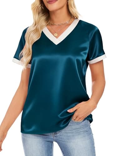 Funlingo Summer Tops for Women Silk Satin Short Sleeve Blouses Blue Green V Neck Color Block T Shirts Business Casual Outfits 2XL - Thumbnail 2