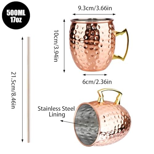 TJ Moscow Mule Mugs Set of 4, Rose Hammered Mule Cup 17 oz, Stainless Steel Lining Brass Handles Mug Set, Copper Mugs, Mule Mugs, Moscow Mule Kit Gift for Cold Drinks Cocktail Beer Wine Party Bar - Thumbnail 2