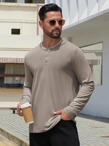 Hardaddy Men's Long Sleeve Henley Shirts Casual Color Block Henley Button T-Shirt Tops Light Khaki M - Thumbnail 4