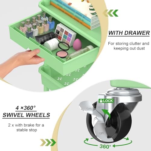Goovilla 3 Tier Rolling Utility Cart Organizer with Removable Drawer, Stable and Sturdy Green Rolling Storage Carts with 2 Lockable Wheels for Bathroom, Kitchen, Snack, Craft, Makeup, Baby Essentials - Thumbnail 2