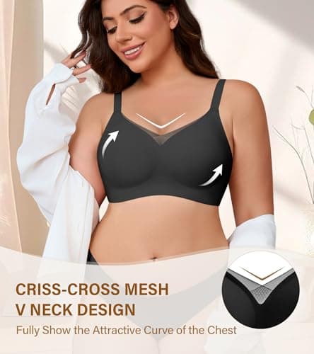 DEANGELMON Wireless Bras for Women Mesh V Comfortable Bralette Supportive Full Coverage Tshirt Everyday Bra Black 5X-Large - Thumbnail 4