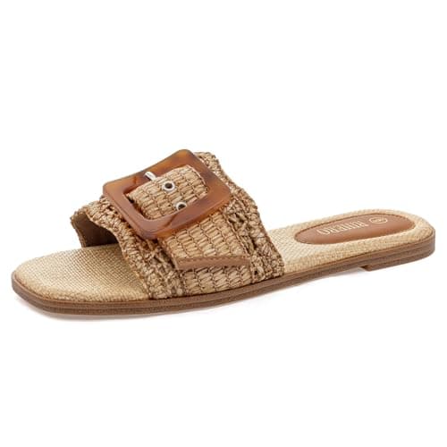 Rihero Women's Flat Sandals Raffia Slip On Beach Slide Sandals Open Toe Comfortable Dressy Buckle Woven Brown Slides Brown Size 9 - Image 1