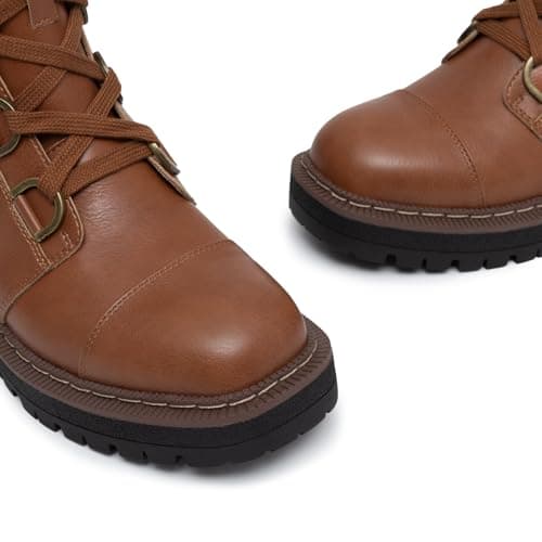 Athlefit Women's Brown Combat Ankle Boots Platform Chunky Low Heel Boots Fashion Lug Sole Lace Up Booties Size 9.5 - Thumbnail 5