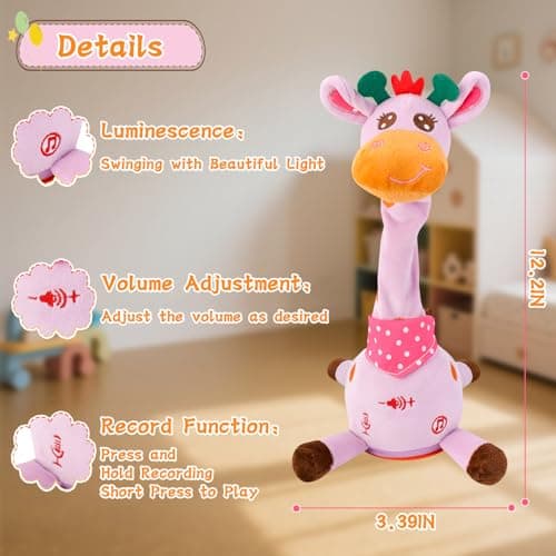 LLUKEME Dancing Talking Giraffe Toy, Stuffed Animal Baby Toy Repeating What You Say, Glowing Musical Electronic Giraffe Gifts for Toddlers 1-3 Years Old, Easter Gift for Kids (Purple Giraffe) - Thumbnail 5