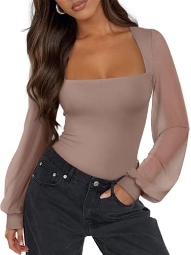 PINKMSTYLE Mesh Long Sleeve Bodysuit for Women Square Neck Body Suits Cute Double Lined Tops Classy Sheer Puff Sleeves Shirt Latte XX-Large - Image 1