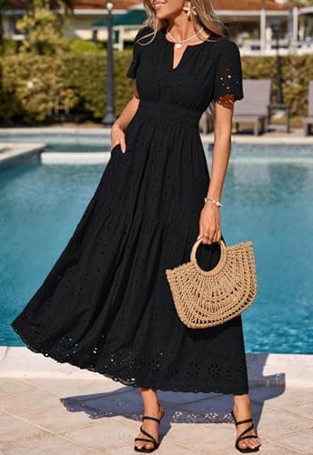 PRETTYGARDEN Womens Summer Maxi Dress Short Sleeve V Neck Cotton Hollow Out A Line Beach Vacation Long Dresses with Pockets (Black, Large) - Thumbnail 4
