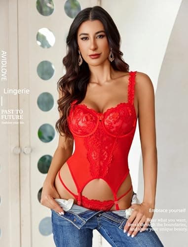 Avidlove Valentine Lingerie for Women 3 Piece Embroidered Lace Corset Lingerie with Garter Belt Red Medium - Thumbnail 3