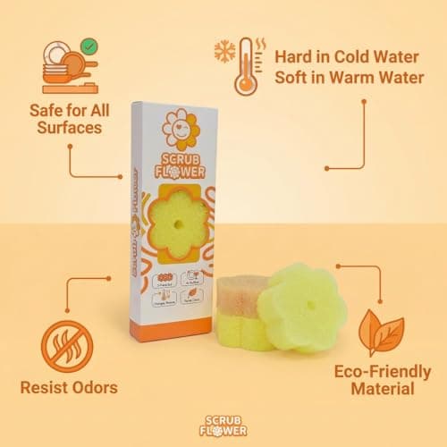 Scrub Flower Temperature Sensitive Sponges -Non-Scratch Scrubbers for Kitchen & Home - Firm in Cold & Soft in Warm Water - Odor Resistant Color-Coded Dish Sponges (Golden Sunflower, 3 Count) - Thumbnail 5