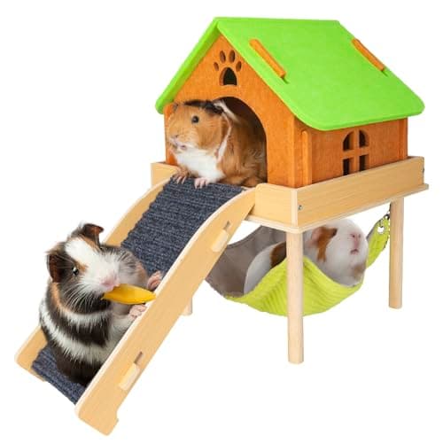 BESNEW 3 in 1 Enlarged Guinea Pig Hammock with House & Platform,Wooden Guinea Pig Hideout with Hammock & Stairs Small Animal Toys for Hiding Sleeping Activities - Image 1